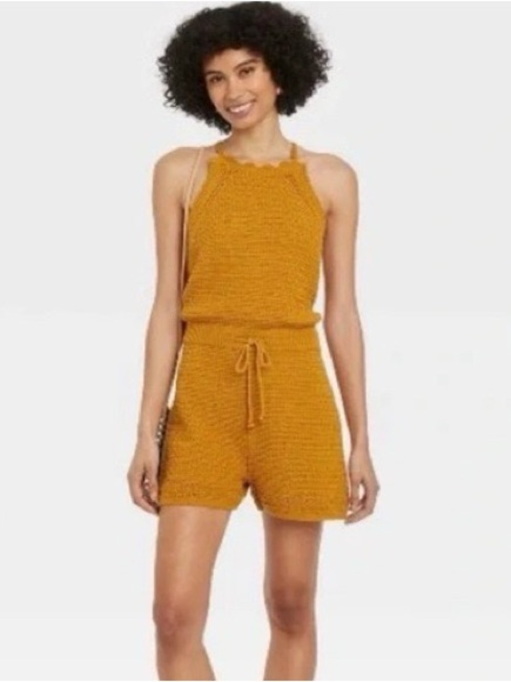 Universal Thread Mustard Crochet Knit Halter Romper Boho Summer Medium